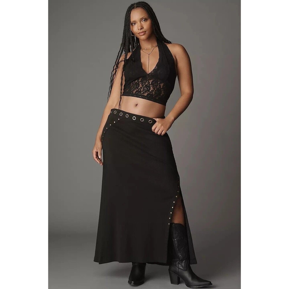 By Anthropologie Hardware Side-Slit Column Midi Skirt Studded Black XS-P 286196